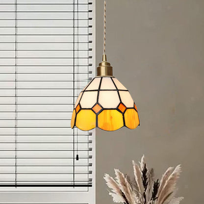 Traditional Tiffany Checkered Patchwork Stained Glass Brass 1-Light Pendant Light For Bedroom
