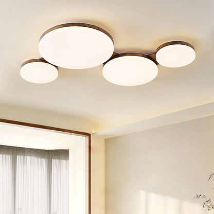 Contemporary Nordic Walnut Wood Acrylic Round LED Flush Mount Ceiling Light for Bedroom