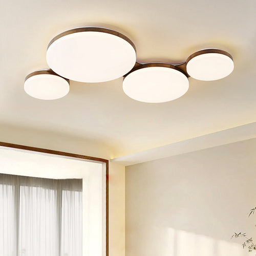Contemporary Nordic Walnut Wood Acrylic Round LED Flush Mount Ceiling Light for Bedroom