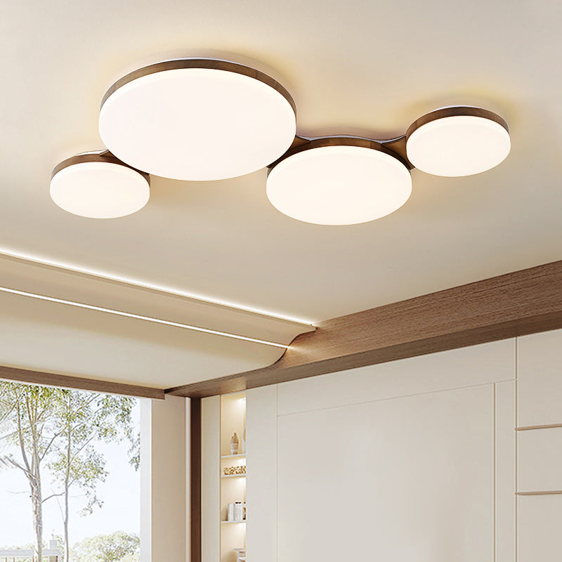 Contemporary Nordic Walnut Wood Acrylic Round LED Flush Mount Ceiling Light for Bedroom
