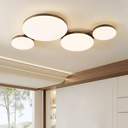 Contemporary Nordic Walnut Wood Acrylic Round LED Flush Mount Ceiling Light for Bedroom