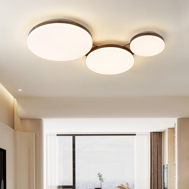 Contemporary Nordic Walnut Wood Acrylic Round LED Flush Mount Ceiling Light for Bedroom