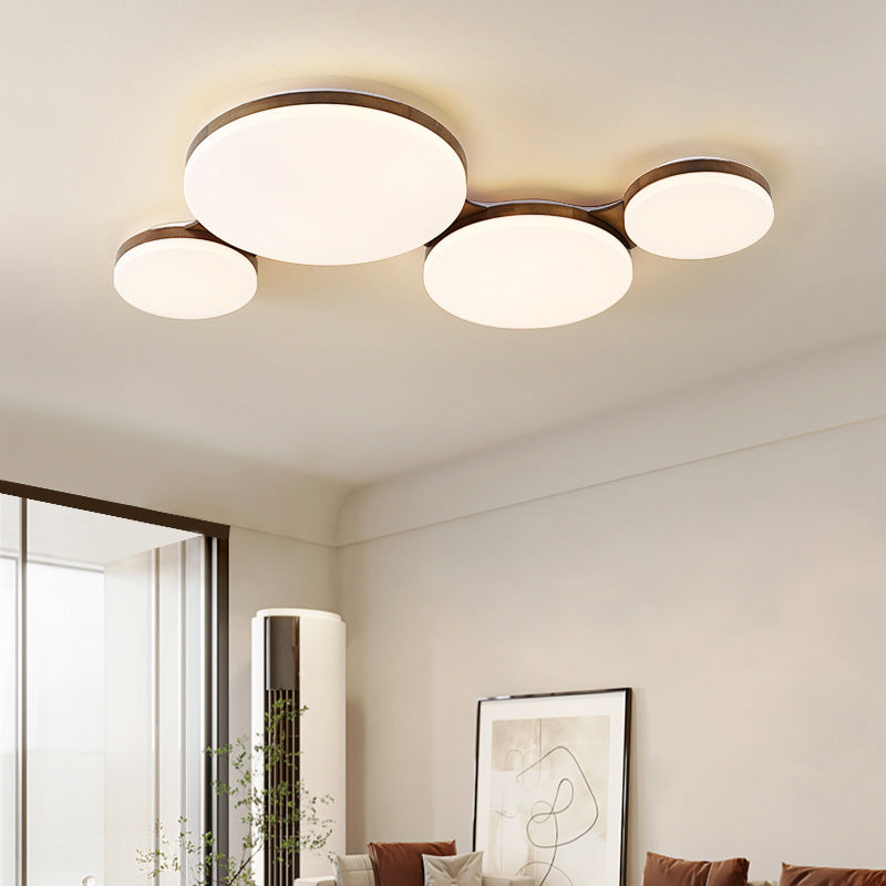 Contemporary Nordic Walnut Wood Acrylic Round LED Flush Mount Ceiling Light for Bedroom