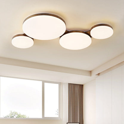 Contemporary Nordic Walnut Wood Acrylic Round LED Flush Mount Ceiling Light for Bedroom