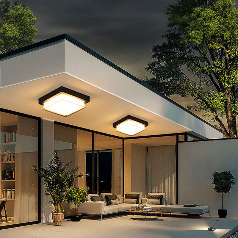Contemporary Industrial Square Aluminum Acrylic LED Waterproof Outdoor Flush Mount Ceiling Light For Garden Lumendat