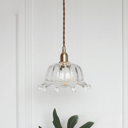 Traditional Japanese Brass Flower Glass Shade 1-Light Pendant Light For Bedroom
