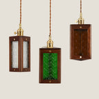Traditional Japanese Flower Pattern Glass Triangular Prism Shade Walnut 1-Light Pendant Light For Bedroom
