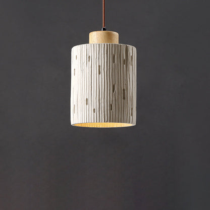 Traditional Japanese Vertical Grained Concrete Cylinder 1-Light Pendant Light For Bedroom