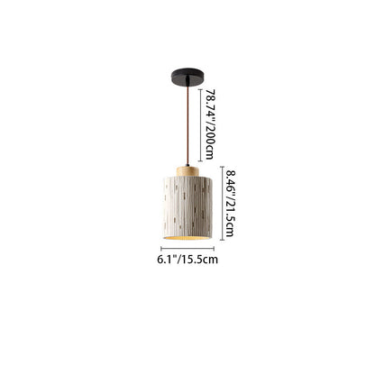 Traditional Japanese Vertical Grained Concrete Cylinder 1-Light Pendant Light For Bedroom