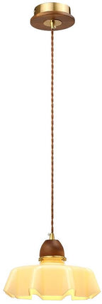 Traditional French Pastoral Flower Glass Shade Walnut Wood 1-Light Pendant Light For Living Room