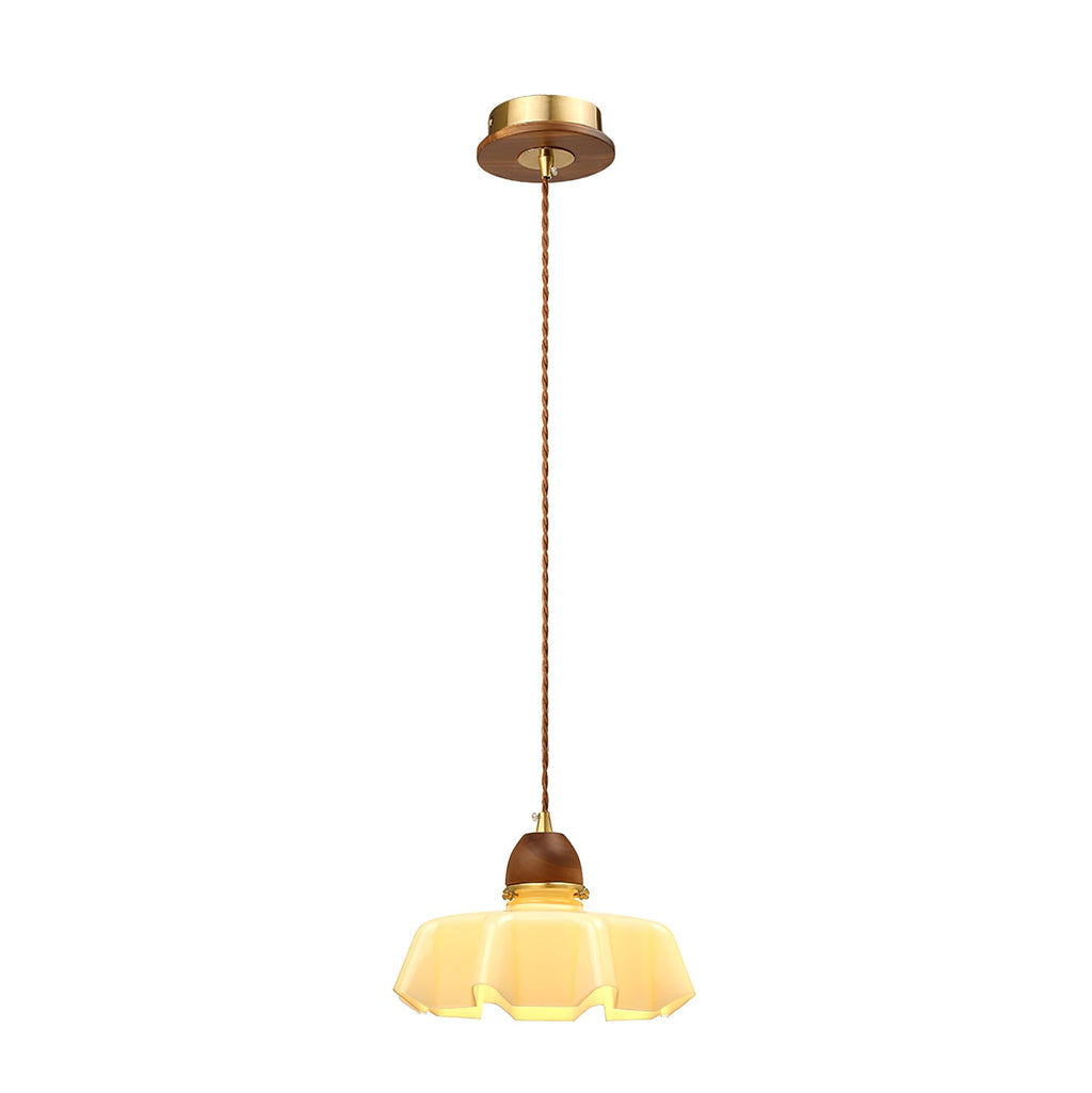 Traditional French Pastoral Flower Glass Shade Walnut Wood 1-Light Pendant Light For Living Room