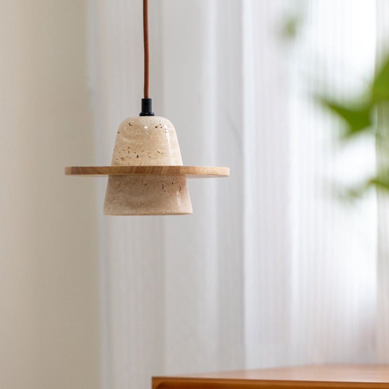 Traditional Vintage Solid Wood Yellow Travertine Flying Saucer 1-Light Pendant Light For Living Room