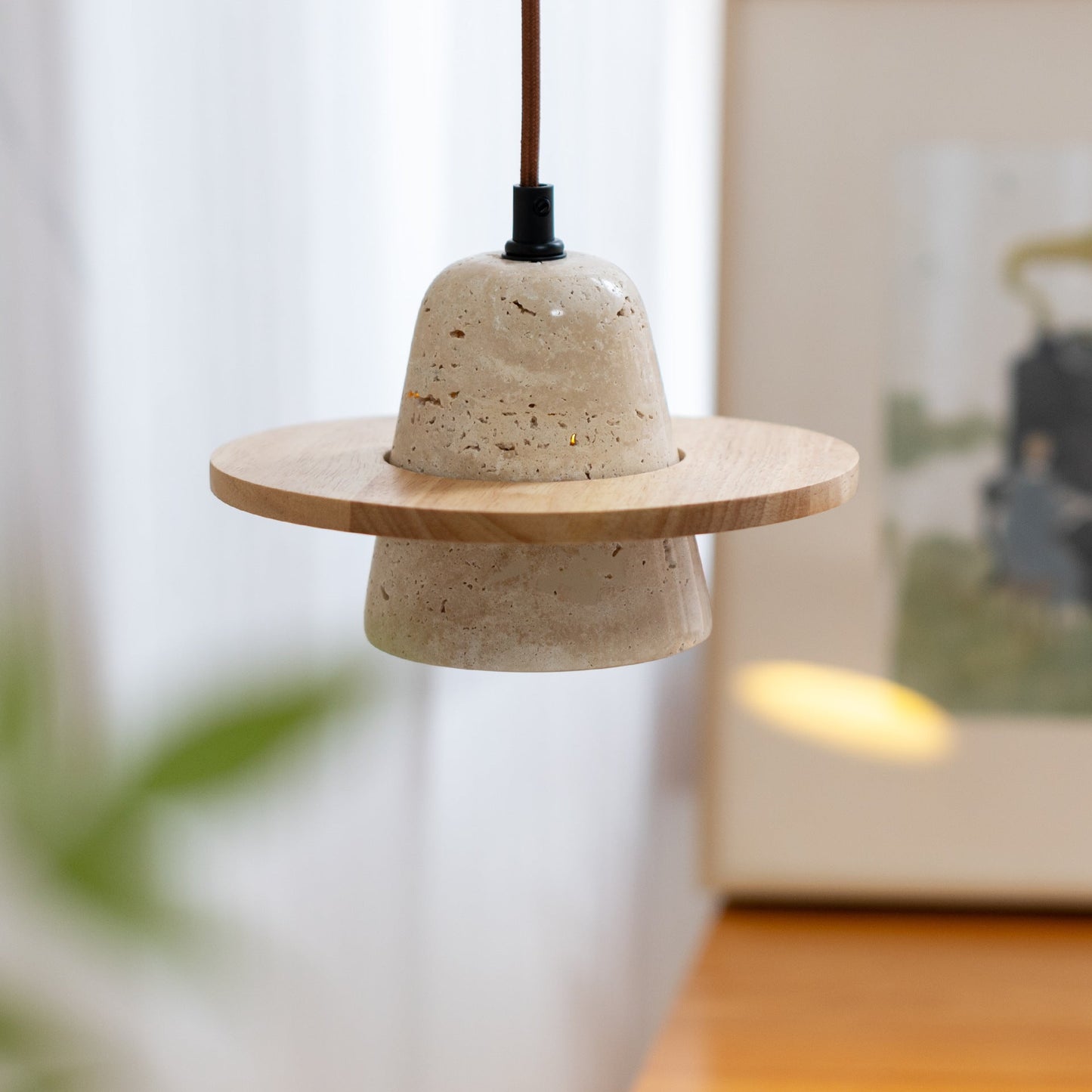Traditional Vintage Solid Wood Yellow Travertine Flying Saucer 1-Light Pendant Light For Living Room
