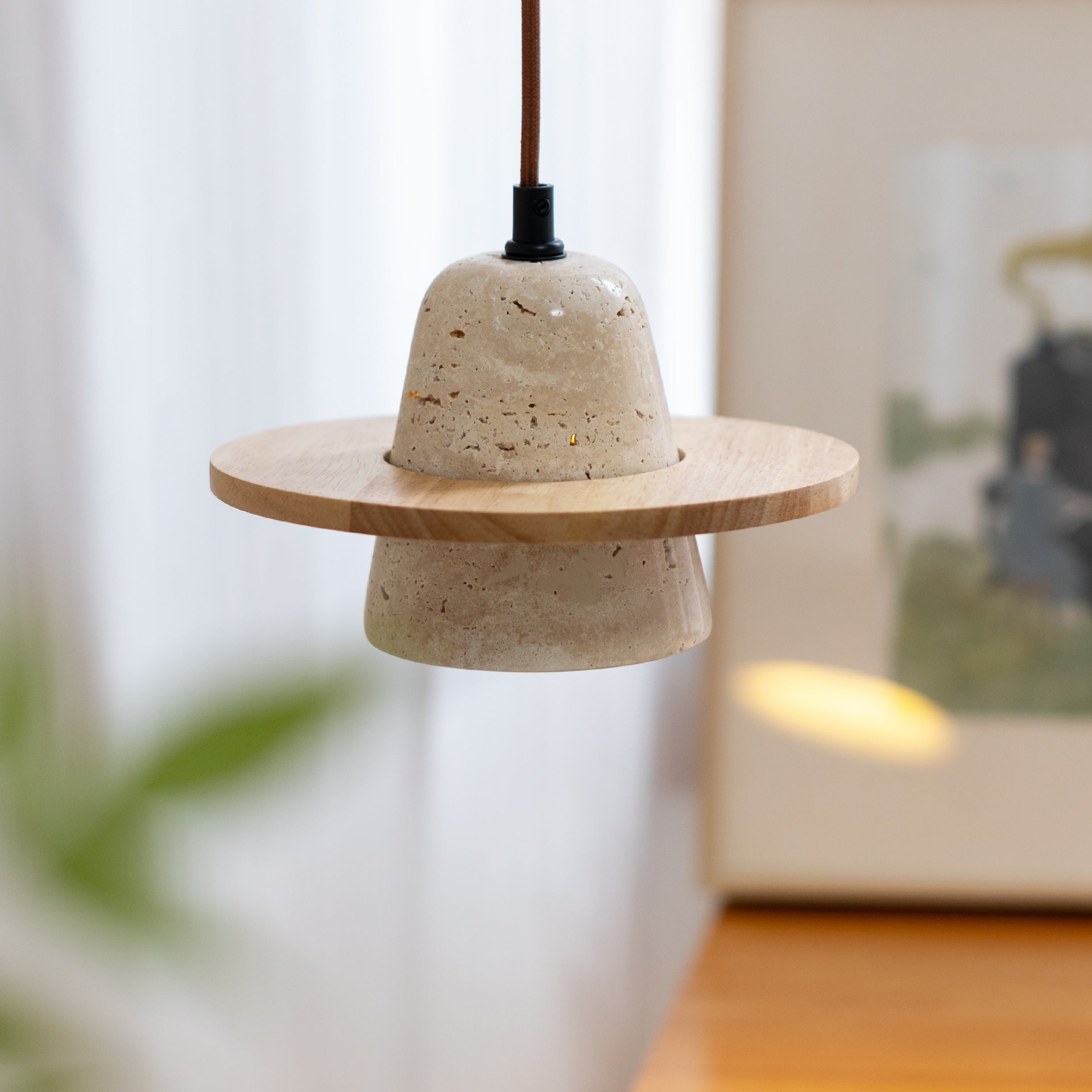 Traditional Vintage Solid Wood Yellow Travertine Flying Saucer 1-Light Pendant Light For Living Room