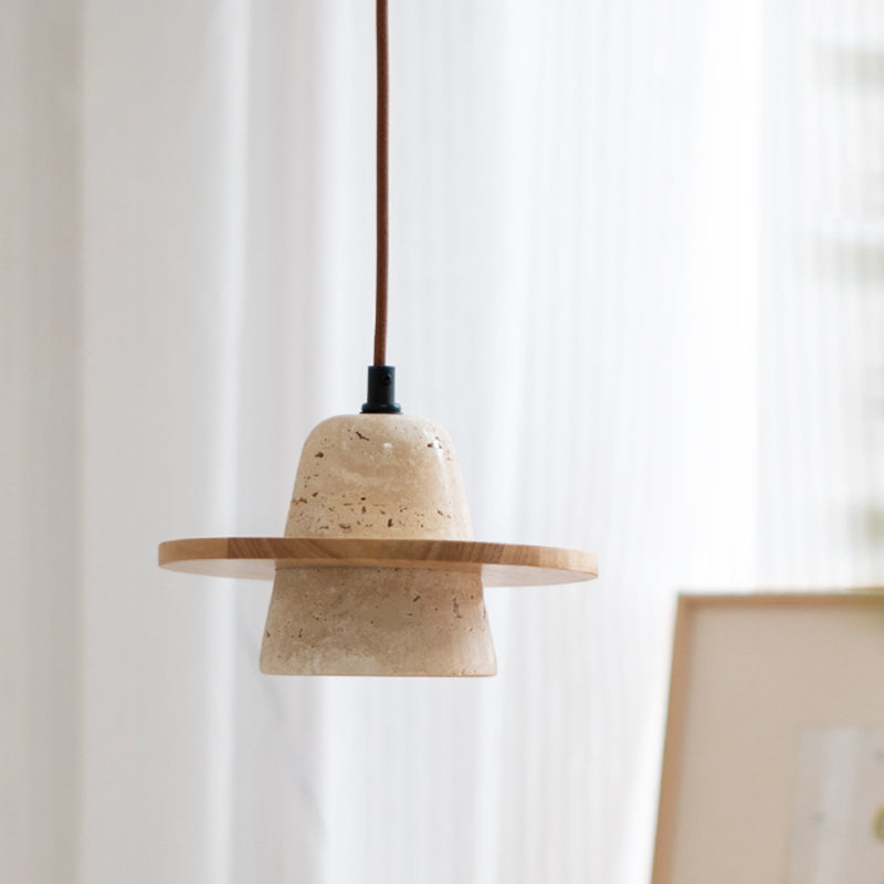 Traditional Vintage Solid Wood Yellow Travertine Flying Saucer 1-Light Pendant Light For Living Room