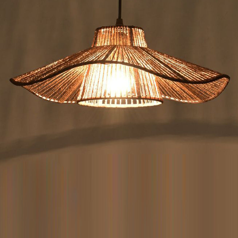 Traditional Japanese Hemp Rope Weaving Straw Hat 1-light Pendant Light for Dining Room