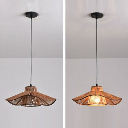 Traditional Japanese Hemp Rope Weaving Straw Hat 1-light Pendant Light for Dining Room