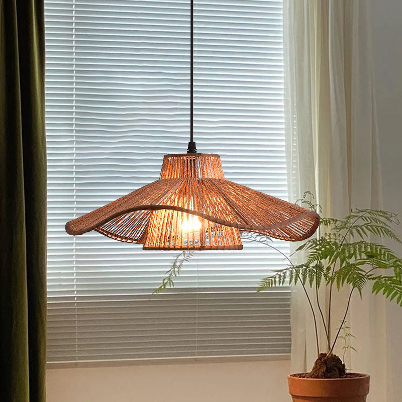Traditional Japanese Hemp Rope Weaving Straw Hat 1-light Pendant Light for Dining Room
