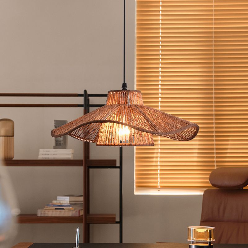 Traditional Japanese Hemp Rope Weaving Straw Hat 1-light Pendant Light for Dining Room
