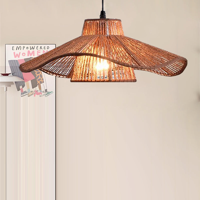Traditional Japanese Hemp Rope Weaving Straw Hat 1-light Pendant Light for Dining Room