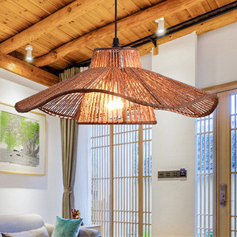 Traditional Japanese Hemp Rope Weaving Straw Hat 1-light Pendant Light for Dining Room