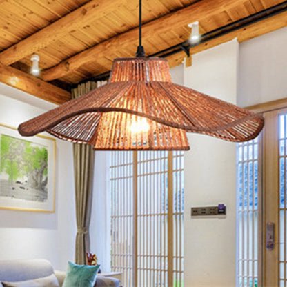 Traditional Japanese Hemp Rope Weaving Straw Hat 1-light Pendant Light for Dining Room