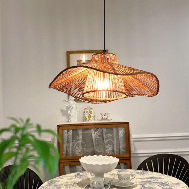 Traditional Japanese Hemp Rope Weaving Straw Hat 1-light Pendant Light for Dining Room