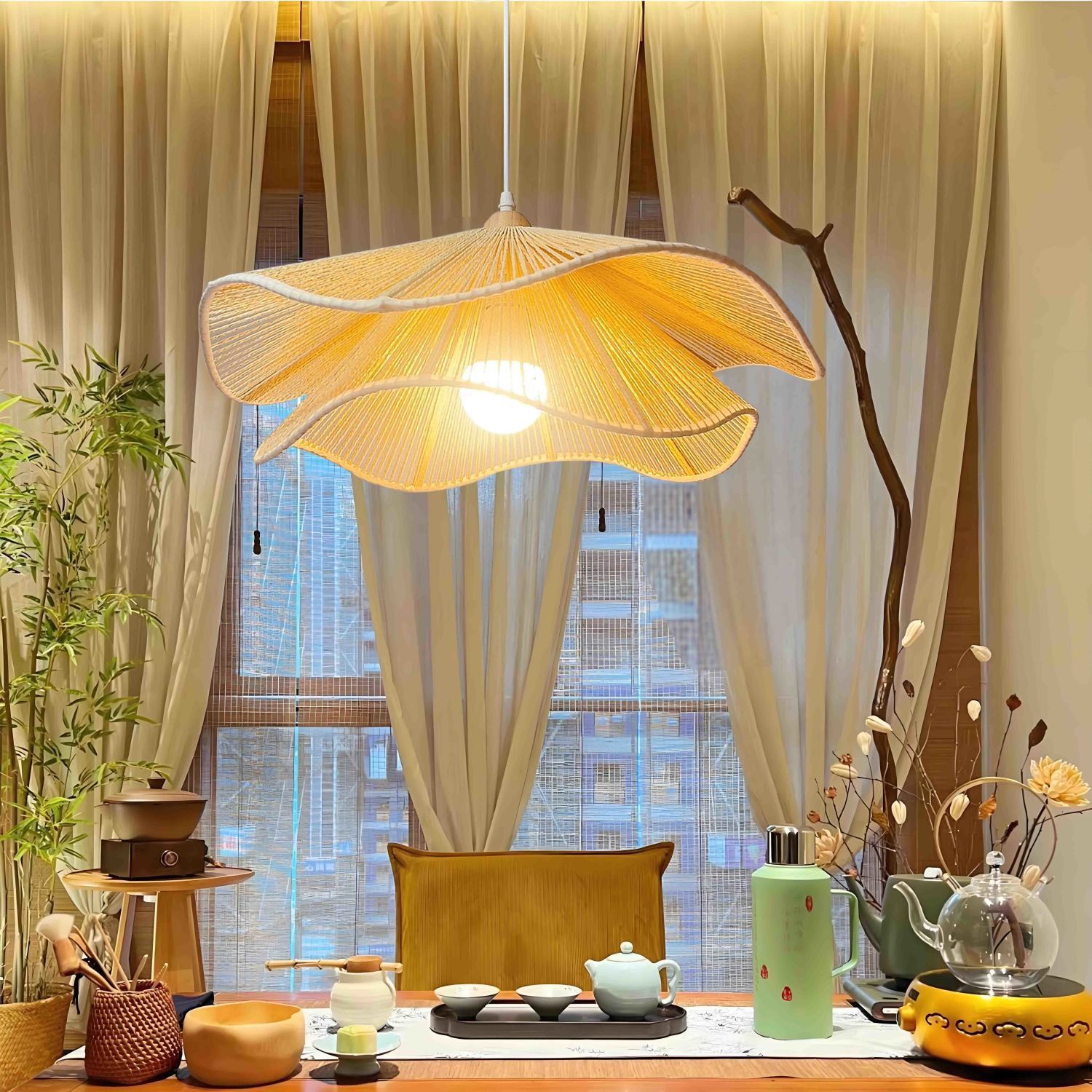 Traditional Vintage Corrugated Hemp Rope Double Layer 1-light Pendant Light for Dining Room BulbSquare