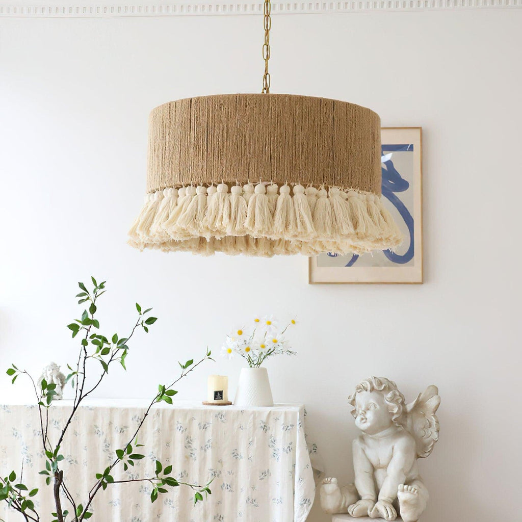 Contemporary Boho Hemp Rope Braiding Tassel Cylinder 1-Light Pendant Light For Living Room