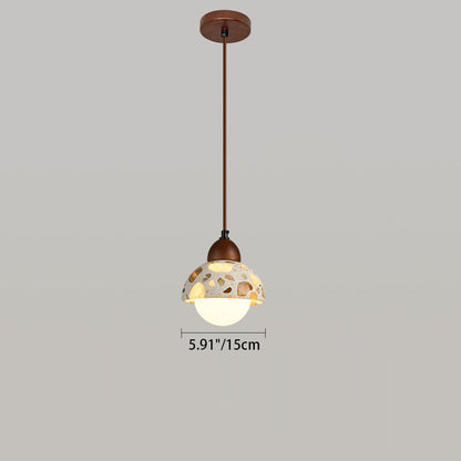 Traditional Japanese Spherical Terrazzo Shade Wood 1-Light Pendant Light For Living Room