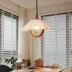 Traditional French Braided Cotton Thread Conical Shade Arc Wood Frame 1-Light Pendant Light For Living Room