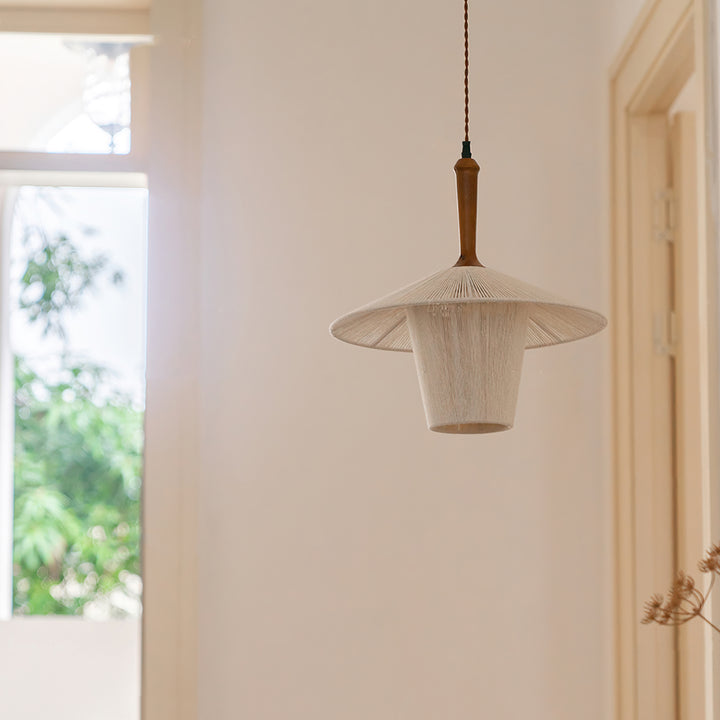 Contemporary Boho Braided Hemp Rope Cottage Shade Solid Wood 1-Light Pendant Light For Living Room