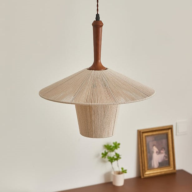 Contemporary Boho Braided Hemp Rope Cottage Shade Solid Wood 1-Light Pendant Light For Living Room