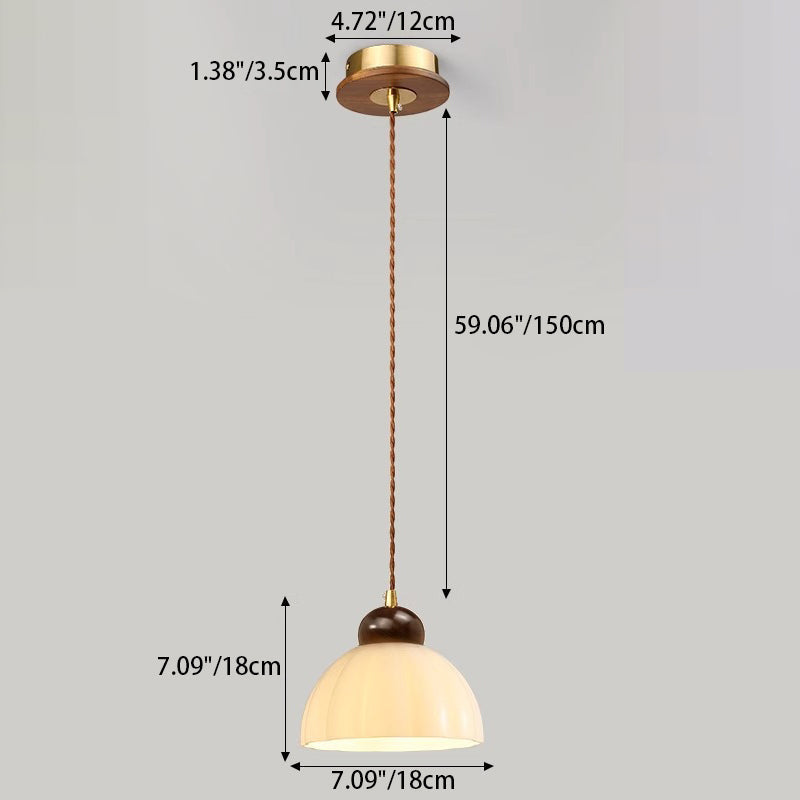 Contemporary Nordic Geometric Round Glass Shade Walnut Wood 1-Light Pendant Light For Bedroom