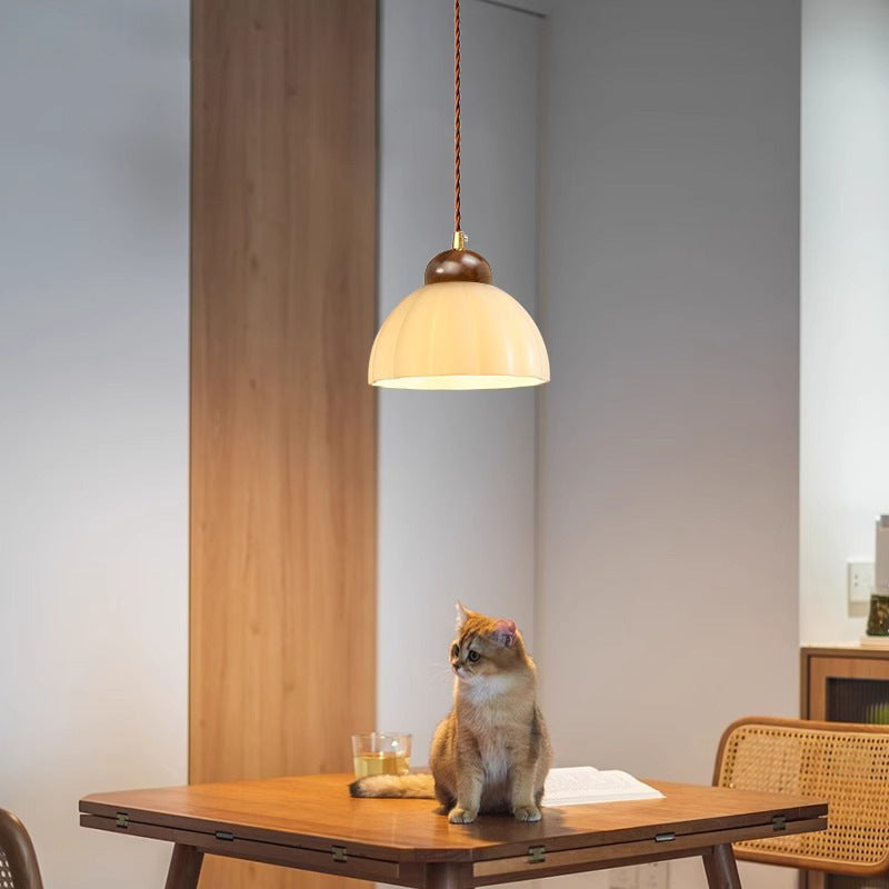 Contemporary Nordic Geometric Round Glass Shade Walnut Wood 1-Light Pendant Light For Bedroom