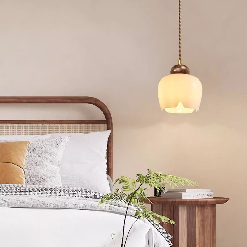 Contemporary Nordic Geometric Round Glass Shade Walnut Wood 1-Light Pendant Light For Bedroom