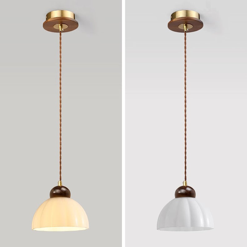 Contemporary Nordic Geometric Round Glass Shade Walnut Wood 1-Light Pendant Light For Bedroom