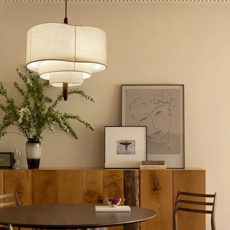 Traditional French Corrugated Fabric Shade Solid Wood 3-light Pendant Light for Living Room BulbSquare