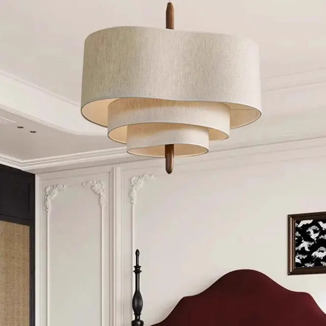 Traditional French Corrugated Fabric Shade Solid Wood 3-light Pendant Light for Living Room BulbSquare