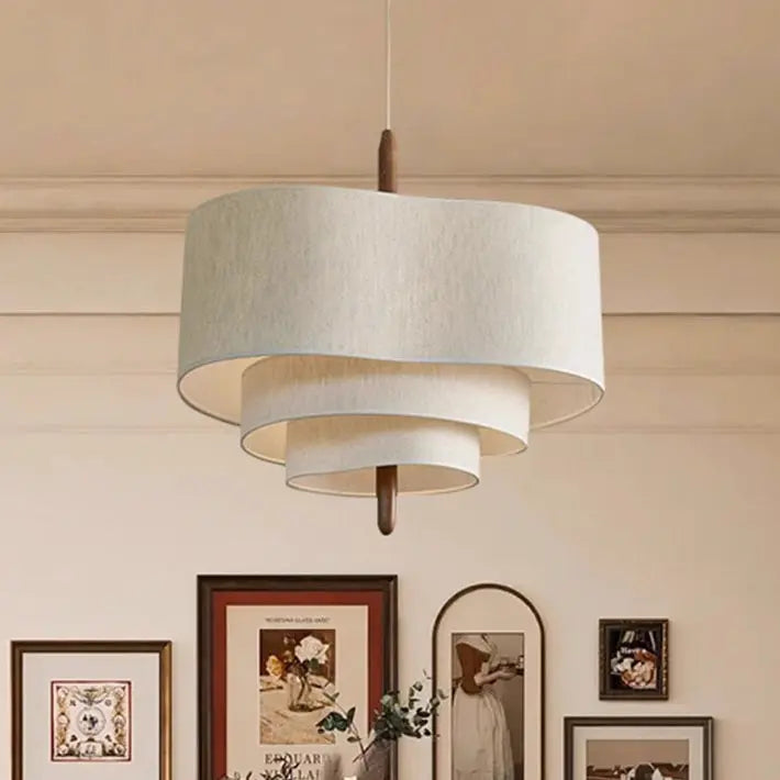 Traditional French Corrugated Fabric Shade Solid Wood 3-light Pendant Light for Living Room BulbSquare