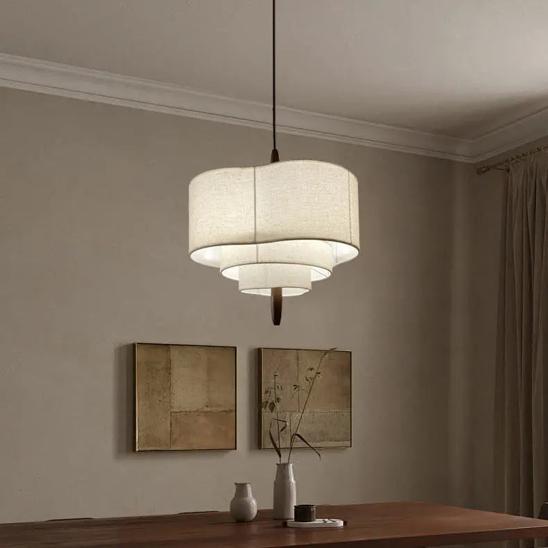 Traditional French Corrugated Fabric Shade Solid Wood 3-light Pendant Light for Living Room BulbSquare