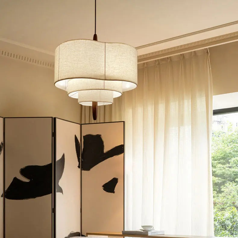 Traditional French Corrugated Fabric Shade Solid Wood 3-light Pendant Light for Living Room BulbSquare