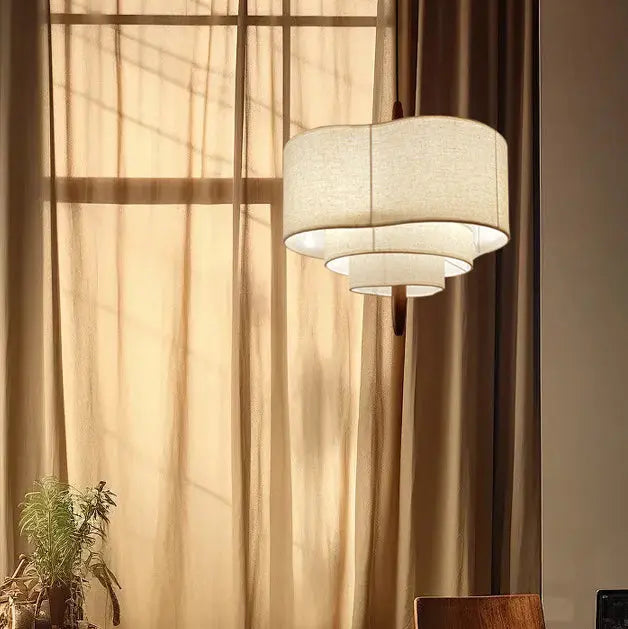 Traditional French Corrugated Fabric Shade Solid Wood 3-light Pendant Light for Living Room BulbSquare