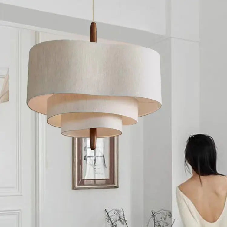 Traditional French Corrugated Fabric Shade Solid Wood 3-light Pendant Light for Living Room BulbSquare