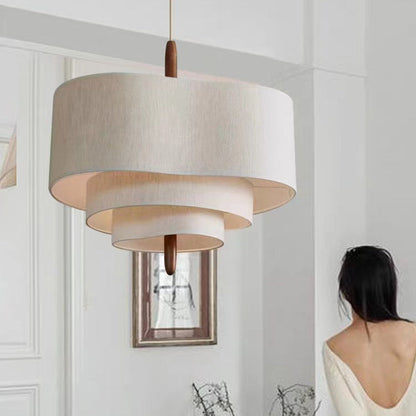 Traditional French Corrugated Fabric Shade Solid Wood 3-Light Pendant Light For Living Room