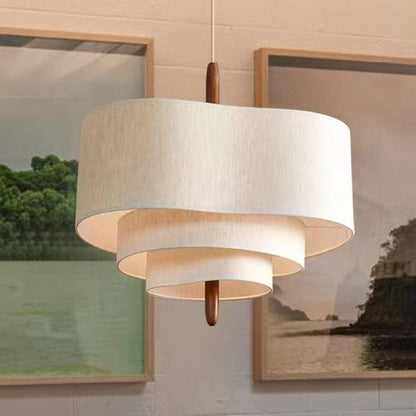 Traditional French Corrugated Fabric Shade Solid Wood 3-Light Pendant Light For Living Room