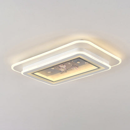 Traditional Chinese Handmade Floral Pattern Iron Acrylic Rectangle LED Flush Mount Ceiling Light For Living Room