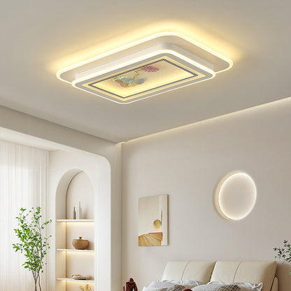 Traditional Chinese Handmade Floral Pattern Iron Acrylic Rectangle LED Flush Mount Ceiling Light For Living Room