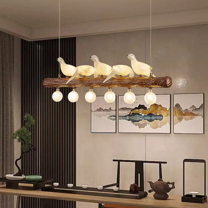 Traditional Vintage Resin Imitation Branch Bird Glass Shade 3/5/8/6/11/17-light Island Light Chandelier for Living Room