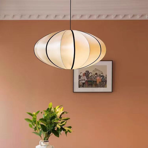 Traditional Japanese Round Fabric Lantern Shade Iron 5-Light Pendant Light For Living Room